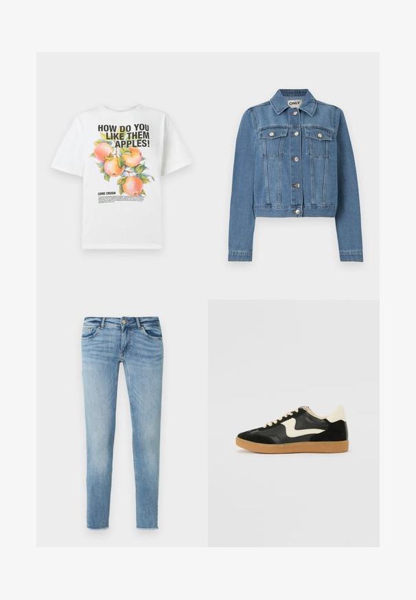 Blå denimjakke med knaplukning foran, to brystlommer med knapklapper, lange ærmer og en krave, lagt fladt på en hvid baggrund.; Hvid bomuld t-shirt med en farverig æbleillustration og fed tekst, der står: "HVORDAN SYNES DU OM DE APPLE!" og "KERNEKNUSE."; Lyseblå denimjeans med slank pasform, fem lommer, knaplukning og subtil falmning. Foret er let frynset.; Sorte ruskinds- og lædersneakers med en cremefarvet side-swoosh og lys cremefarvet hæl. Har beige snørebånd og en gummirubber-sål.