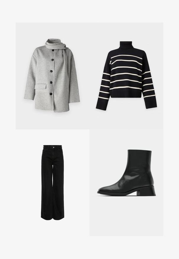 Abrigo de mezcla de lana gris con un cuello alto, cierre frontal de botones y un bolsillo lateral; presenta una textura suave y un diseño minimalista.; Jersey negro de cuello alto con mangas largas que presenta rayas horizontales blancas en el cuerpo y las mangas.; Jeans de mezclilla negra de pierna ancha con cinturilla alta, diseño de cinco bolsillos y herrajes plateados. La tela tiene un acabado suave y ligeramente texturizado.; Botín negro de tobillo hecho de cuero brillante, con un diseño elegante, punta afilada y un tacón bloque moderado para mayor estabilidad.