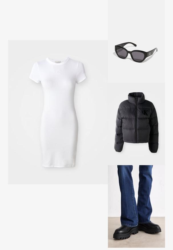 Chaqueta puffer negra, diseño corto con cuello alto, con secciones acolchadas horizontales y cremallera frontal. Logo bordado en el pecho.; Vestido de algodón blanco con mangas cortas, forma ajustada y escote redondo. Presenta un pequeño logo bordado en el pecho.; Botas de plataforma negras gruesas con suelas de goma texturizada, punta redondeada y parte superior de cuero suave, combinadas con jeans de campana azules.; Gafas de sol negras con un diseño elegante y angular, lentes oscuros y un logo plateado en contraste en el lateral. Textura de plástico suave.