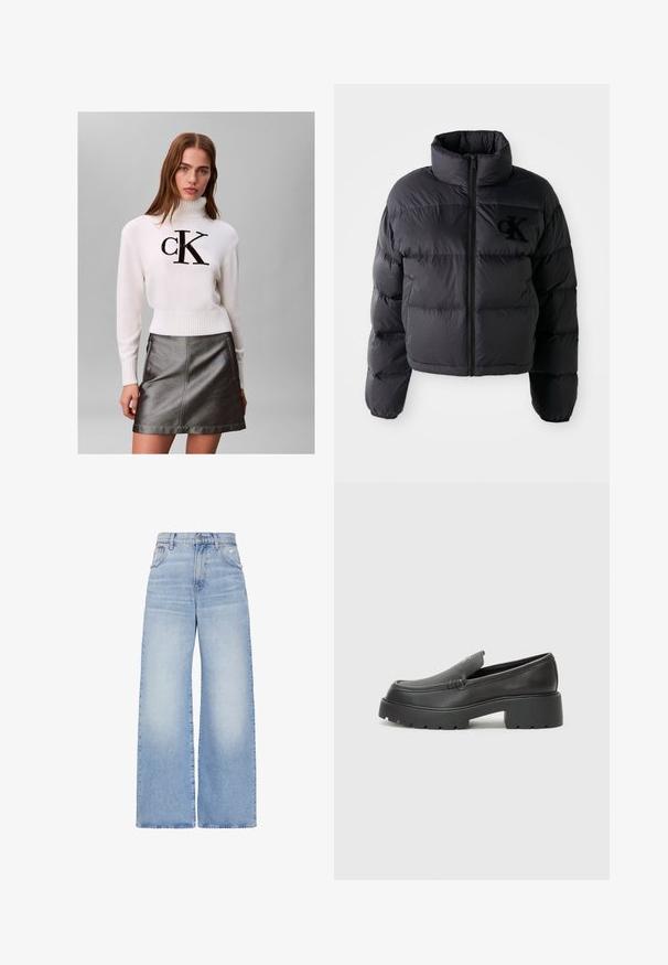 Chaqueta puffer negra, diseño corto con cuello alto, con secciones acolchadas horizontales y cremallera frontal. Logo bordado en el pecho.; Mujer joven con un suéter blanco de cuello alto con el logo negro de "CK" y una falda de cuero metálica gris oscuro, posando frente a un fondo liso.; Vaqueros de pierna ancha de tiro alto azul claro con cierre frontal de botón y cremallera, bolsillos delanteros y traseros, y un ligero detalle desgastado en el bolsillo derecho.; Mocasines de piel negra con punta redondeada, suela texturizada gruesa y mínimos detalles de costura. Diseño elegante sin cordones o herrajes visibles.
