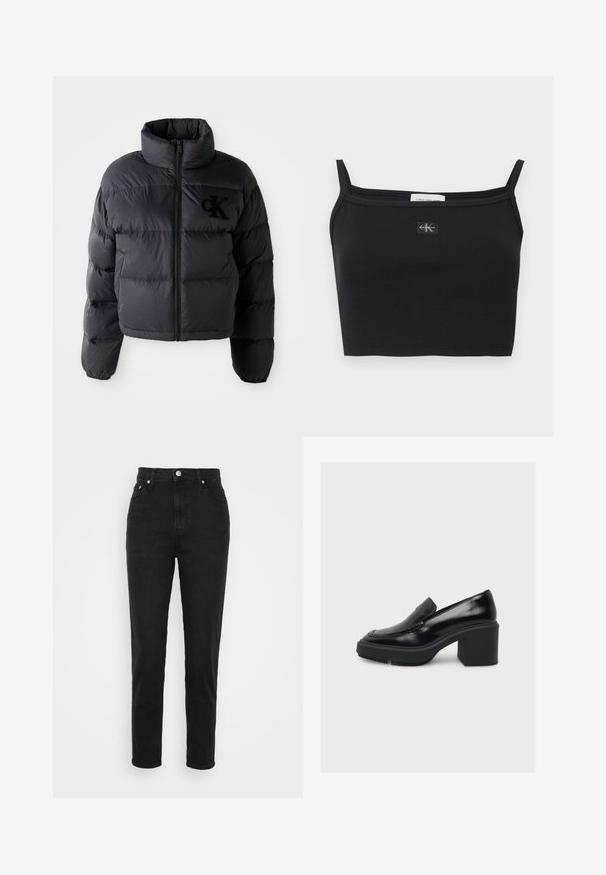 Sort pufferjakke, cropped design med høj krave, der har vandret quiltede sektioner og en frontlynlås. Broderet logo på brystet.; Sort ribstrikket cropped top med tynde stropper og et lille Calvin Klein-logoapplikation midt på brystet.; Sorte højtaljede slim-fit jeans med frontknap, bæltesløjfer og fem-lomme design på hvid baggrund.; Sort læderloafer med chunky høj hæl og plateau-sål, vist i profil på en ensfarvet hvid baggrund.