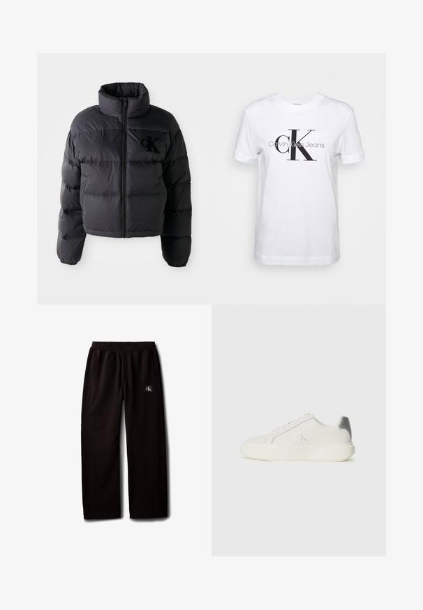 Sort pufferjakke, cropped design med høj krave, der har vandret quiltede sektioner og en frontlynlås. Broderet logo på brystet.; Hvid bomulds T-shirt med korte ærmer, prydet med et stort sort "CK" logo og teksten "Calvin Klein Jeans" nedenfor i grå.; Sorte vidde bukser med elastisk taljebånd og sidelommer, med en lille Calvin Klein-logo patch på højre lår.; Hvide sneakers lavet af læder med en glat tekstur, forsynet med en sølvaccent på hælen, flad sål og minimalistisk design.
