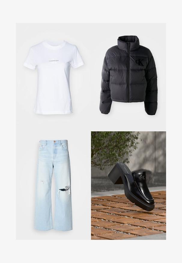 Schwarze Puffjacke, kurze Konstruktion mit hohem Kragen, mit horizontalen gesteppten Abschnitten und einem Frontreißverschluss. Besticktes Logo auf der Brust.; Weißes Baumwoll-T-Shirt mit Rundhalsausschnitt, kurzen Ärmeln und einem Frontdruck in blauer Schrift: "CalvinKleinJeans" mit einem stilisierten "K"-Logo.; Helle blaue, weit geschnittene Jeans aus Denim mit hoher Taille, großen Rissen an den Knien und einem klassischen Fünf-Taschen-Design mit kupferfarbenen Beschlägen.; Schwarze Leder-Slip-on-Mule von Calvin Klein mit Blockabsatz, die auf Holzfliesen im Freien nahe einer grünen Pflanze und einer grauen Wand ruht.