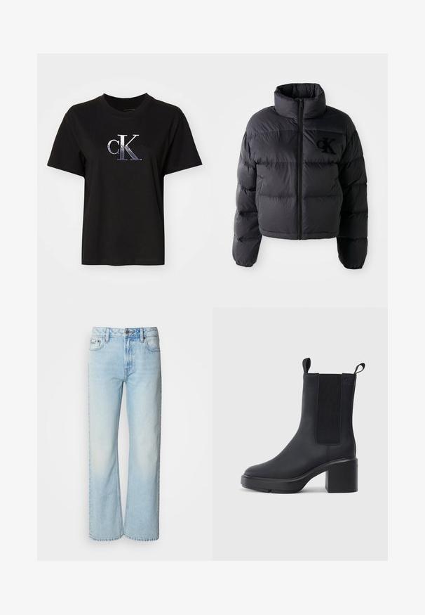 Schwarze Puffjacke, kurze Konstruktion mit hohem Kragen, mit horizontalen gesteppten Abschnitten und einem Frontreißverschluss. Besticktes Logo auf der Brust.; Schwarzes Baumwoll-T-Shirt mit Rundhalsausschnitt. Verfügt über ein silbernes, gesticktes "cK"-Logo und den Text "Calvin Klein Jeans" unter dem Logo. Kurze Ärmel.; Helle blaue weit geschnittene Jeans aus Denim, mit einem klassischen Fünf-Taschen-Design und einer dezenten, gewaschenen Textur. Die Denim-Nähte sind sichtbar.; Schwarze Knöchelstiefel aus glattem Gummi-Material, mit elastischen Seitenpaneelen, Blockabsatz und Zugschlaufen oben für ein einfaches Anziehen.