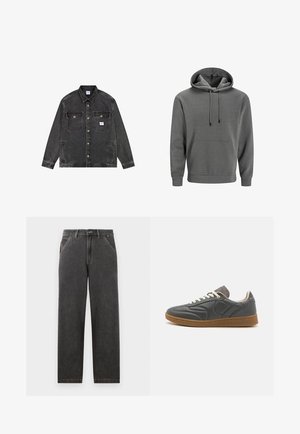 Zwarte denimjas met knoopsluiting aan de voorkant, twee borstflapzakken met knopen, zijzakken en een klein Lee-merklabel op de linkerborstzak.; Grijze hoodie gemaakt van zachte stof, met een voorvak in kangoeroestijl, verstelbare trekkoorden en ribgebreide manchetten en zoom.; Donkergrijze denimbroeken met een rechte pasvorm, voorzien van contrasterende witte stiksels, een knoopsluiting en zijzakken.; Donkergrijze leren sneaker met een ronde neus, witte veters, tan rubberen zool en subtiele grijze stofaccenten op de kraag. Gouden logo-detail.