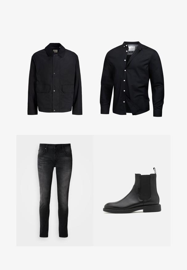Sort herrejakke med manchet i fløjl, for og to store klaplommer foran.; Sort langærmet skjorte med knapper, hvide knapper, knaplukket krave og et lille brandlogo på brystet.; Sorte denimjeans med slim fit, fem-lomme design, diskret falmning og kontraststing. Har klassisk metalknap og lynlås lukning.; Sort læder ankelstøvle med glat overflade, elastiske sidepaneler og en trækstrop. Rund tå og flad gummisål med minimal mønster.