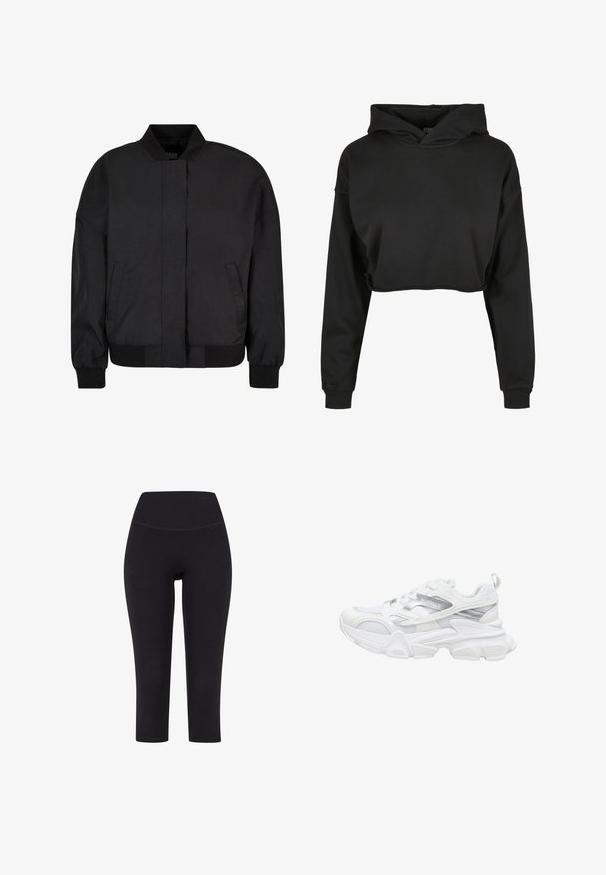 Μαύρο bomber jacket, κατασκευασμένο από λείο ύφασμα με ψηλό γιακά, κλείσιμο μπροστά με φερμουάρ, ριμπ μανσέτες και στρίφωμα, διαθέτοντας πλάγιες τσέπες.; Μαύρο cropped hoodie από μαλακό ύφασμα με κουκούλα με κορδόνι, μακριά μανίκια και ριμπ τελειώματα, με καθαρό και απλό σχέδιο.; Μαύρο κολάν τριών τετάρτων από ελαστικό ύφασμα, με ψηλό γόνατο και χωρίς ορατά σχέδια ή αξεσουάρ.; Λευκό αθλητικό παπούτσι με χοντρή σόλα, άνω μέρος από δίχτυ και συνθετικό υλικό, ασημένιες λεπτομέρειες και λογότυπο «BUFFALO» στο πλάι.