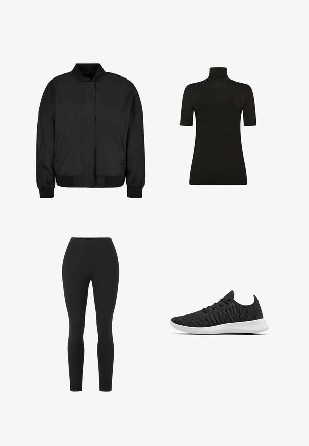 Schwarze Bomberjacke aus glattem Stoff mit hohem Kragen, Front-Reißverschluss, gerippten Bündchen und Saum sowie seitlichen Taschen.; Schwarzes kurzärmeliges Turtleneck-Shirt aus glattem, elastischem Stoff mit tailliertem Design und nahtlosen Kanten.; Schwarze Leggings mit einem hohen Bund. Hergestellt aus dehnbarem Stoff, mit einer glatten Textur und einer anliegenden Silhouette ohne sichtbare Nähte.; Allbirds TREE RUNNERS - Sneaker low - jet black