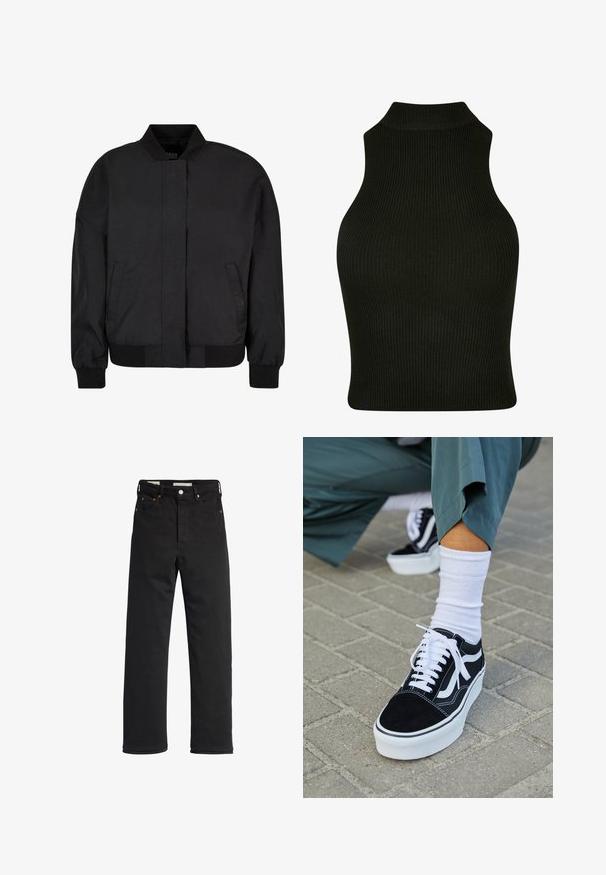 Schwarze Bomberjacke aus glattem Stoff mit hohem Kragen, Front-Reißverschluss, gerippten Bündchen und Saum sowie seitlichen Taschen.; Schwarzes, geripptes, ärmelloses Oberteil mit hohem Kragen, das ein figurbetontes Design und einen strukturierten Stoff aufweist.; Schwarze Denim-Jeans mit geradem Bein, hoher Taille, fünf Taschen, Metallknopfverschluss und minimalen Stitching-Details.; Schwarze Wildledersneaker mit weißen Akzenten und Schnürsenkeln, ausgestattet mit einer dicken weißen Sohle und kontrastierenden Nähten, kombiniert mit einer weißen Socke.