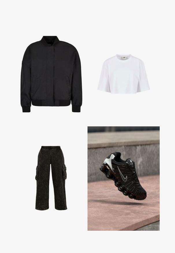 Schwarze Bomberjacke aus glattem Stoff mit hohem Kragen, Front-Reißverschluss, gerippten Bündchen und Saum sowie seitlichen Taschen.; Weiße, gekürzte T-Shirt aus weicher Baumwolle. Mit Rundhalsausschnitt und kurzen Ärmeln in lockerer Passform, ohne sichtbare Muster oder Beschläge.; Schwarze Cargo-Hosen mit strukturierter Oberfläche, elastischem Bund und Seitentaschen. Mit weitem Bein und lässiger Passform.; Schwarzer Sneakerschuh mit strukturiertem Mesh-Obermaterial, silbernen Akzenten und einer dicken, glänzenden schwarzen Sohle mit abgerundeten Dämpfungselementen.