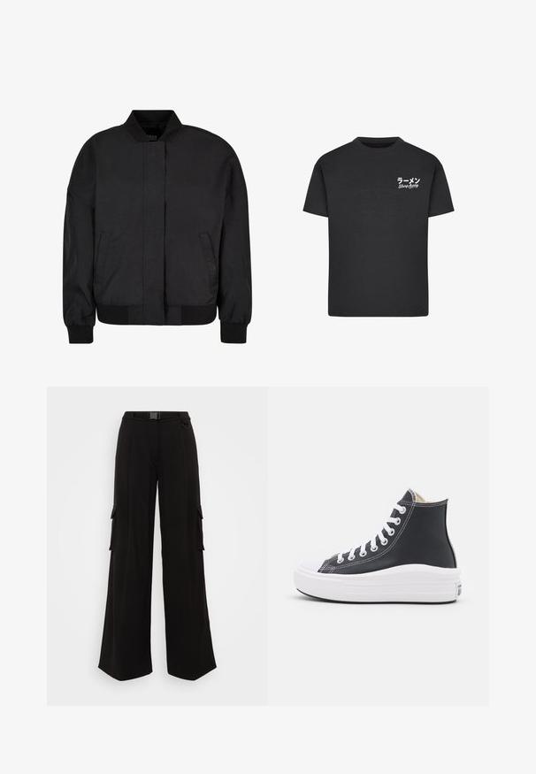 Μαύρο bomber jacket, κατασκευασμένο από λείο ύφασμα με ψηλό γιακά, κλείσιμο μπροστά με φερμουάρ, ριμπ μανσέτες και στρίφωμα, διαθέτοντας πλάγιες τσέπες.; Μαύρη βαμβακερή μπλούζα με λαιμόκοψη. Διαθέτει λευκό κείμενο, συμπεριλαμβανομένων ιαπωνικών χαρακτήρων και "Slurp Away," στην αριστερή περιοχή του στήθους.; Μαύρο cargo παντελόνι με φαρδιά πόδια, πλευρικές τσέπες, υφή υφάσματος, προσαρμοσμένη μέση και ζώνη για ρυθμιζόμενη εφαρμογή. Καθαρός, μοντέρνος σχεδιασμός.; Μαύρο ψηλό αθλητικό παπούτσι με λευκές κορδόνες και καουτσούκ σόλα. Διαθέτει λεία υφή δέρματος και λευκές ραφές ως λεπτομέρεια.