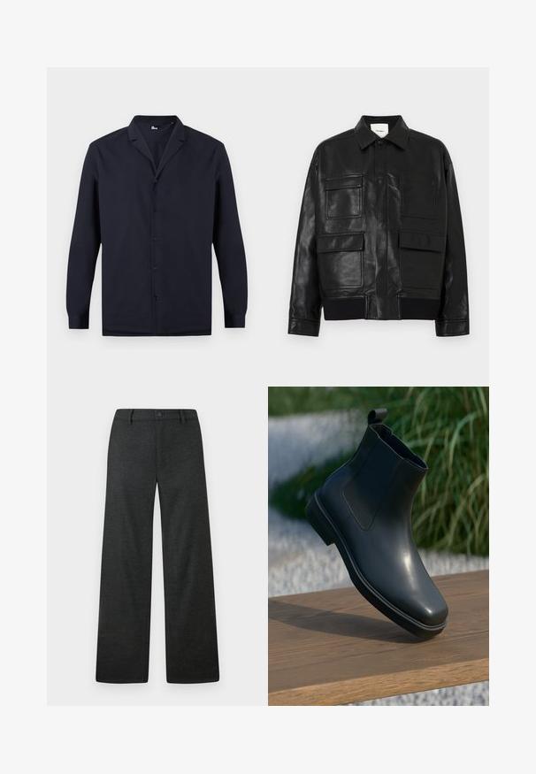 Veste en simili cuir noir avec un col, un bouton-pression à l'avant, un ourlet côtelé et quatre grandes poches à rabat et à patch à l'avant.; Chemise noire à manches longues avec boutons et col cranté, présentée sur un fond blanc.; Pantalon droit gris foncé avec passants pour ceinture et fermeture à bouton sur le devant, présenté à plat sur un fond clair.; Bottine en cuir noir avec une surface lisse, des côtés élastiques et une languette de tirage boucle, posée sur une surface en bois avec un arrière-plan flou.
