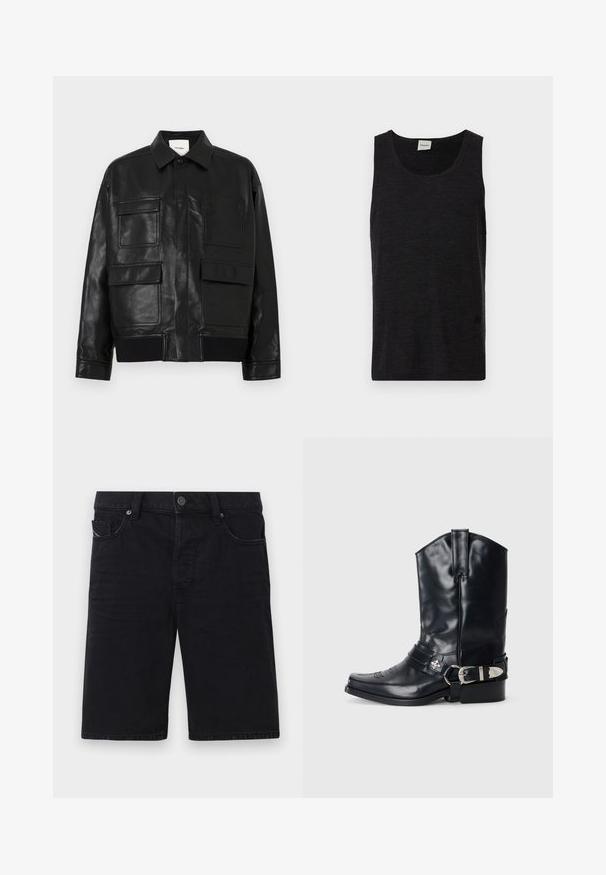 Veste en simili cuir noir avec un col, un bouton-pression à l'avant, un ourlet côtelé et quatre grandes poches à rabat et à patch à l'avant.; Débardeur noir sans manches en matériau texturé. Doté d'un col rond et d'un accent logo discret près de l'ourlet. Design simple.; Shorts en denim noir avec une coupe droite, cinq poches, éléments en métal et coutures visibles. Texture douce et design simple.; Botte de cowboy en cuir noir avec un bout pointu, une tige haute, des coutures décoratives et une quincaillerie en argent sur la sangle. Fini texturé.