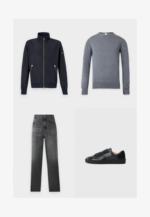 Veste légère bleu marine à fermeture éclair, col montant, poignets et ourlet élastiques, avec poches latérales zippées sur fond uni.; Pull gris uni à manches longues, col rond, avec poignets et ourlet côtelés, présenté sur fond blanc.; Jeans en denim gris foncé présentant une taille haute, une coupe droite, et une texture délavée avec poches avant et fermeture à un bouton.; Baskets en cuir noir avec une texture lisse, bout rond et fermeture à lacets. Comprend une semelle en caoutchouc épaisse et un minimum de détails de marque.