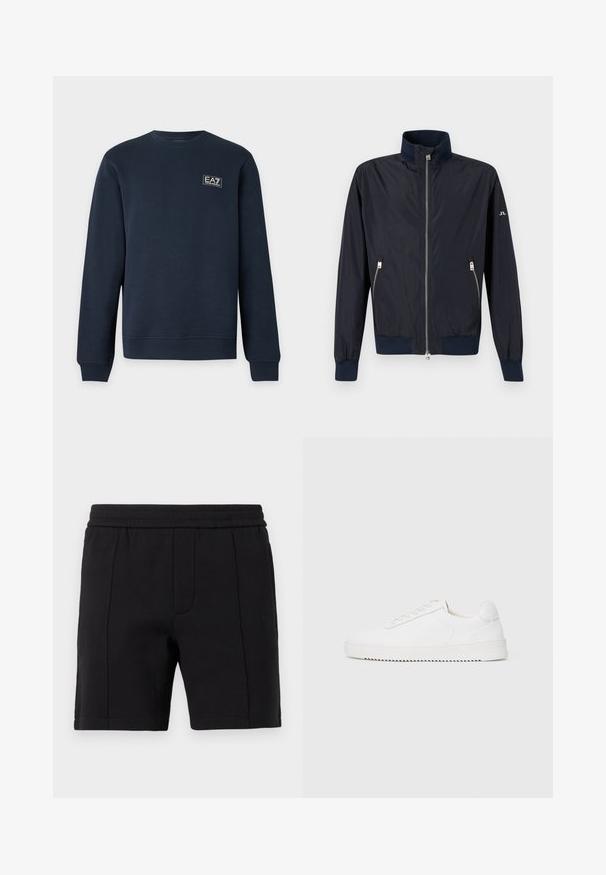 Veste légère bleu marine à fermeture éclair, col montant, poignets et ourlet élastiques, avec poches latérales zippées sur fond uni.; Sweat-shirt bleu marine à manches longues avec col rond, poignets et ourlet côtelés, avec un petit logo EA7 Emporio Armani sur la poitrine gauche.; Shorts noirs mi-cuisses avec taille élastique et coutures verticales sur le devant.; Sneaker blanc avec une tige en cuir lisse, bout rond, lacets, accents latéraux texturés et une épaisse semelle en caoutchouc. Design minimaliste.