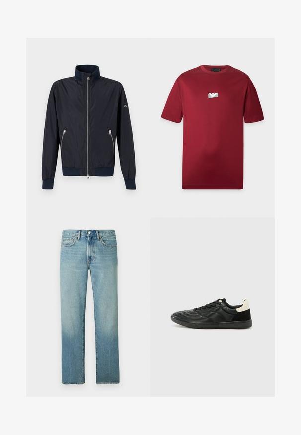 Marineblaue, leichte Jacke mit Reißverschluss, hohem Kragen, elastischen Bündchen und Saum sowie Reißverschlusstaschen an den Seiten vor einfarbigem Hintergrund.; Dunkelrotes T-Shirt mit kurzen Ärmeln und rundem Ausschnitt mit kleinem silbernem Logo in der Mitte auf der Brust.; Hellblaue Denim-Jeans mit geradem Schnitt, sichtbaren Nähten und einem verblassten Muster. Verfügt über einen Knopfverschluss und fünf Taschen.; ALDO THEPITCH - Sneaker low - black