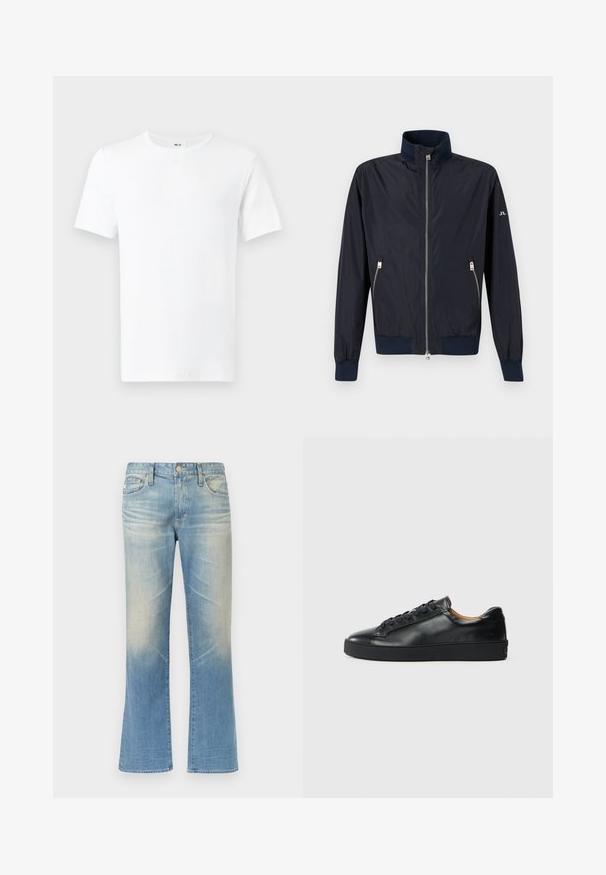 Veste légère bleu marine à fermeture éclair, col montant, poignets et ourlet élastiques, avec poches latérales zippées sur fond uni.; T-shirt blanc uni à manches courtes et col rond, présenté de face avec une étiquette visible dans le cou sur un fond clair.; Jean évasé en denim bleu clair avec une finition délavée, design à cinq poches, fermeture par bouton en métal et ourlets droits.; Baskets en cuir noir avec une texture lisse, bout rond et fermeture à lacets. Comprend une semelle en caoutchouc épaisse et un minimum de détails de marque.