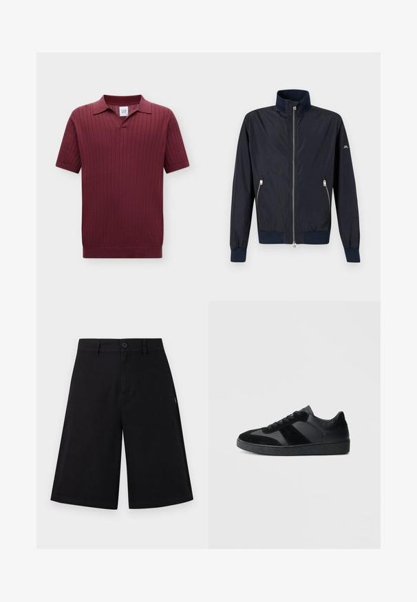 Veste légère bleu marine à fermeture éclair, col montant, poignets et ourlet élastiques, avec poches latérales zippées sur fond uni.; Polo en maille bordeaux à manches courtes avec côtes verticales et petit col pointu, présenté sur un fond uni clair.; Shorts noirs mi-cuisses avec fermeture à bouton et à glissière, passants pour ceinture, et une coupe droite et ample, présentés sur un fond uni.; Baskets noires combinant cuir lisse et daim, avec une semelle en caoutchouc noire texturée et un détail de rayures discrètes.