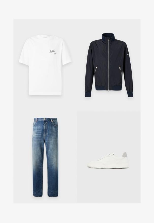 Veste légère bleu marine à fermeture éclair, col montant, poignets et ourlet élastiques, avec poches latérales zippées sur fond uni.; T-shirt blanc à manches courtes avec un petit graphique de poisson noir et le texte « FERMÉ POUR L'ÉTÉ » sur le côté gauche de la poitrine.; Jean denim bleu à jambe droite avec des détails subtils de décoloration et de whiskering, doté de poches avant et arrière, d'une fermeture à bouton et de passants pour ceinture.; Baskets basses blanches avec un onglet de talon gris, des lacets blancs et une semelle texturée, présentées sur un fond uni clair.