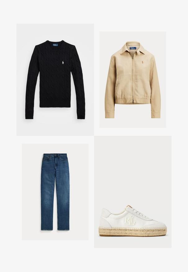 Beige letvægtsjakke med lynlås foran, krave, elastiske manchetter og kant samt et lille broderet logo på venstre bryst.; Sort kabel-strikket sweater med lange ærmer, med ribbet halsudskæring og manchetter. Lille logoaccent i hvidt på venstre bryst.; Straight-leg blå denim jeans med fem lommer, knaplukning og subtil falmning på lår og knæ, lagt fladt på hvid baggrund.; Hvide lærreds sneakers med en struktureret espadrille sål, broderet RL-logo på siden og traditionelle runde snørebånd.