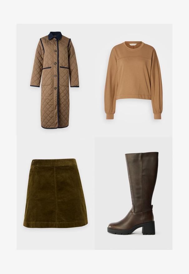 Vero Moda VMEMILY Quilted - Vinterfrakke - cub/navy blazer; Afskåret, langærmet sweatshirt i lysebrun. Lavet af blødt materiale med en rund halsudskæring og plisserede ærmekanter. Enkel søm detalje.; Brun kordfløjl mini skirt med lodrette ribber, lige snit og en ren kant. Har en simpel talje uden udsmykninger.; Brune læder knæhøje støvler med en kraftig sort hæl og struktureret finish. Har en rund tå og diskret sømdetaljering på siden.