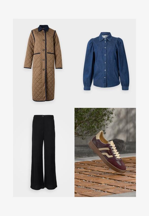 Vero Moda VMEMILY Quilted - Abrigo de invierno - cub/navy blazer; Camisa de mezclilla azul oscuro con mangas largas abullonadas, un cierre frontal con botones y un cuello clásico. Presenta dos bolsillos laterales y un dobladillo ligeramente curvado.; Pantalones de pierna ancha negros hechos de una tela ligera, con una textura suave, cierre de botón en la parte delantera y bolsillos laterales.; Zapatilla de cuero burdeos y beige con cordones crema y suela de goma levitando sobre un suelo exterior de madera con baldosas y guijarros.