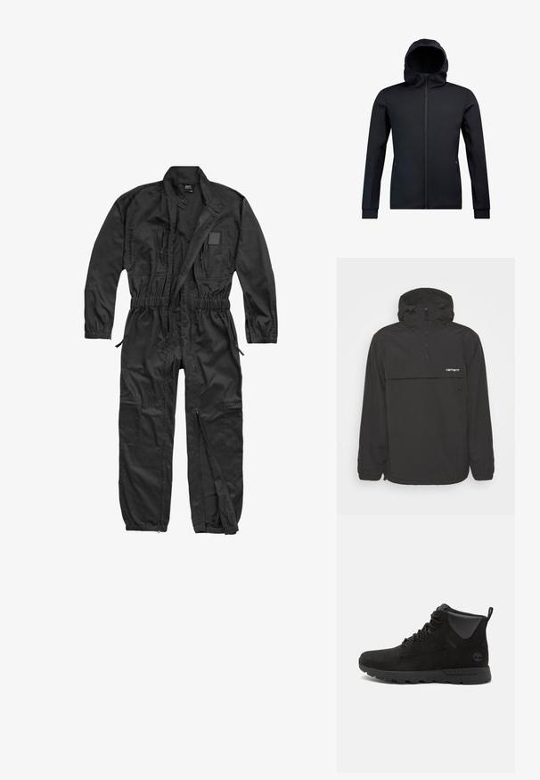 Sort pullover-jakke med hætte, udstyret med en frontlynlås, stor brystlomme, elastiske manchetter og snøre-i-bunden for justerbar pasform.; Brandit BRANDIT HERREN EINSATZKOMBI - Buksedragter - black; Sort zip-up jakke med hætte, lavet af glat, strækbart materiale. Har lange ærmer og lynlåslommer på siderne.; Sorte høje støvler lavet af ruskind og syntetiske materialer, med en tekstureret overflade, snørebåndsdesign og gummisål med greb.