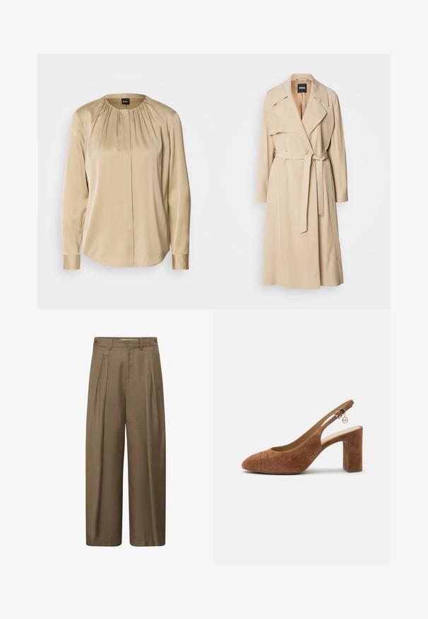 Beige trenchcoat lavet af glat stof, med dobbeltradet design, brede klapper, bælte i taljen og sidelommer.; Langærmet skjorte i beige satin med rund halsudskæring, plisseringer foran og knap på ærmerne. Glat tekstur med en afslappet pasform.; Brune bredbenede bukser med frontplisseringer, bæltestropper og sidelåse på linningen, lavet af tekstureret stof.; Brun ruskind slingback-pumps med blokhæl og justerbar spænde med lille gyldent MK-logo vedhæng.