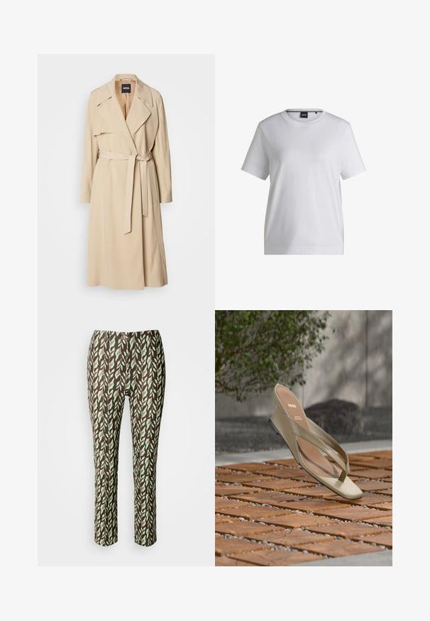 Abrigo trinchera beige hecho de tela suave, con un diseño de doble botonadura, amplios solapas, un cinturón en la cintura y bolsillos laterales.; Camiseta de algodón blanca con cuello redondo, mangas cortas y un corte relajado. Presenta una pequeña etiqueta de la marca cerca del cuello.; Pantalones de color marrón y verde con un diseño de hojas, de corte ajustado, con una textura suave y sin cremalleras ni bolsillos visibles.; Sandalia de cuero beige con logo de BOSS en la plantilla, flotando sobre un patio de listones de madera con pequeñas piedrecillas entre ellos.