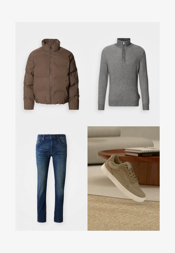 Lindbergh CROPPED SEAMLESS PUFFER JACKET - Winterjacke - khaki; Grau gestreifter Pullover mit hohem Kragen und kurzem Reißverschluss. Hergestellt aus strukturiertem Strickstoff, mit langen Ärmeln und geradem Saum.; Dunkelblaue Jeans aus Denim mit Slim-Fit, fünf Taschen, einem vorderen Knopfverschluss und einer dezenten, ausgebleichten Textur an den Beinen.; Beiger Freizeitschuh mit Mesh- und Velourslederdetails, weiße Sohle, schwebend über einem strukturierten beigen Teppich in einem modernen Wohnzimmer.