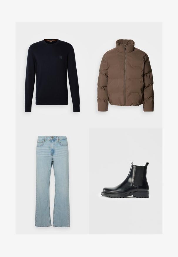 Lindbergh CROPPED SEAMLESS PUFFER JACKET - Talvitakki - khaki; Tumman sininen neulepusero, jossa on pitkät hihat, pyöreä kaula-aukko, ribattuja hihansuita ja helma, ja jossa on pieni neliölogo-pliisi rinnassa.; Vaaleansiniset farkut, joissa on levenevä lahje ja keskikorkea vyötärö, viisi taskua ja kontrastiväriset saumat. Vaatteessa on vetoketjuluukku ja metallinappikiinnitys.; Musta nahkainen Chelsea-bootit, joissa on elastiset sivupaneelit, lenkki helpottamassa pukemista ja kestävä kumipohja, jossa on teksturoitu pito.