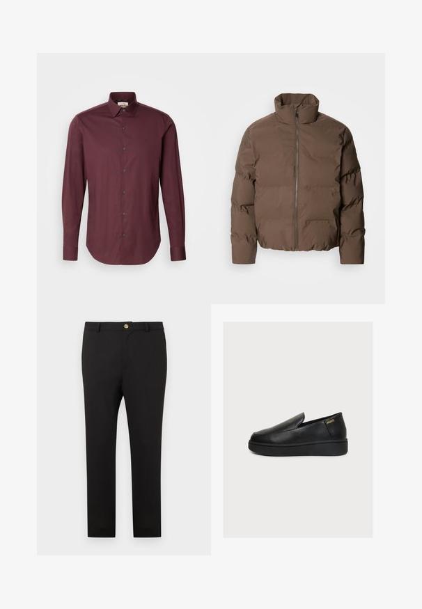 Lindbergh CROPPED SEAMLESS PUFFER JACKET - Χειμωνιάτικο μπουφάν - khaki; Calvin Klein SLIM - Πουκάμισο - bordeaux; Μαύρο στενό παντελόνι με χρυσό κουμπί κλεισίματος και θηλιές για ζώνη, εμφανίζεται σε απλό λευκό φόντο.; Μαύρο δερμάτινο slip-on παπούτσι πλατφόρμα με χοντρή σόλα και μικρό χρυσό λογότυπο "HUGO" κοντά στη φτέρνα σε απλό φωτεινό φόντο.