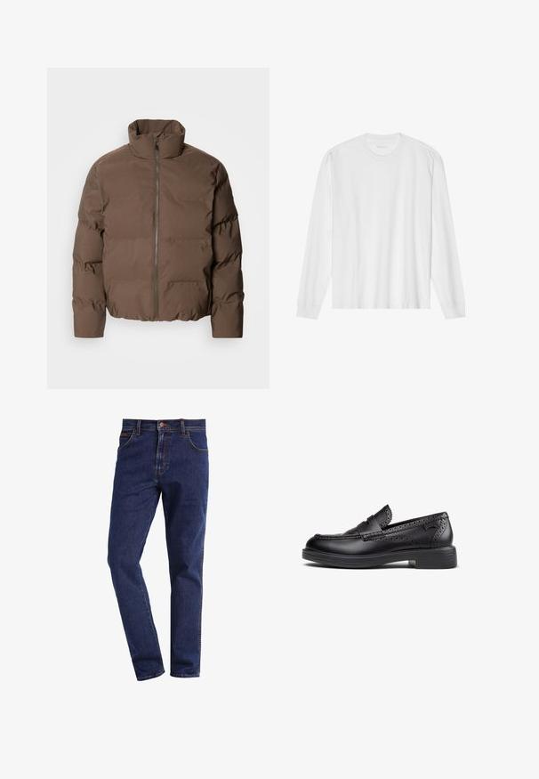 Lindbergh CROPPED SEAMLESS PUFFER JACKET - Winterjacke - khaki; Weißes langärmeliges Baumwoll-T-Shirt mit Rundhalsausschnitt, mit gerippten Bündchen und geradem Saum, glatter Textur und minimalistischem Design.; Dunkelblaue gerade geschnittene Denim-Jeans mit Vordertaschen, Knopfverschluss, Gürtelschlaufen und sichtbaren Nähten.; Schwarze Leder-Loafers mit Brogue-Details, niedrigem Blockabsatz und abgerundetem Zehenbereich. Glatte Textur mit perforierten Akzenten und seitlichem Markenlogo.