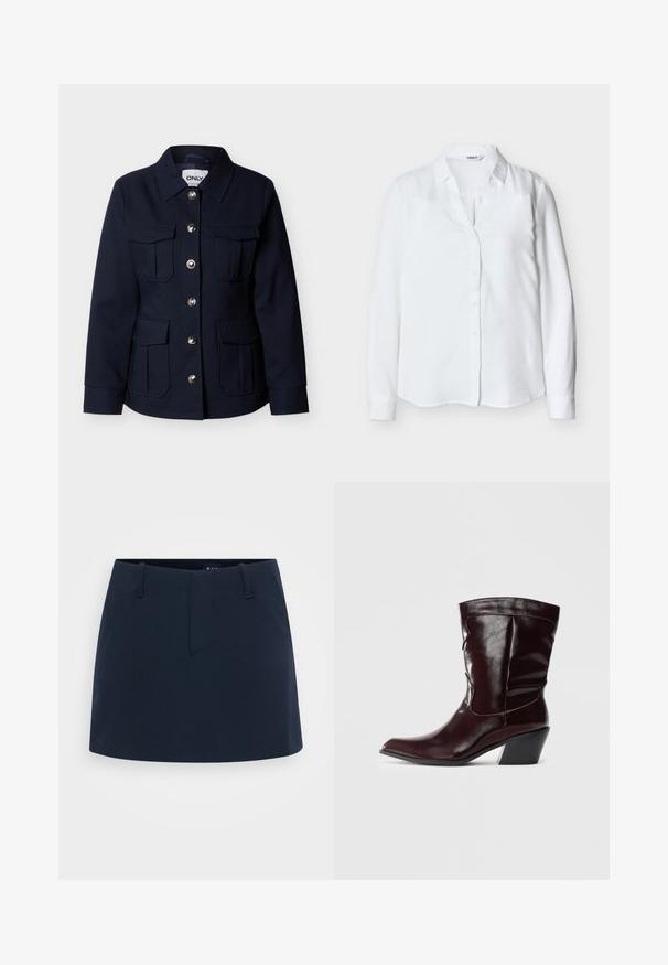 Veste pour femme bleu marine à manches longues, boutons argentés sur le devant, quatre poches à rabat et col pointu.; Blouse blanche à manches longues pour femmes avec col et boutons sur le devant, réalisée en tissu lisse, présentée sur un fond uni.; Jupe bleu marine au design cintré, avec un devant plat, des passants de ceinture et sans poches visibles. Fabriquée en tissu texturé.; Bottines en cuir bourgogne avec un bout pointu, une surface texturée et un petit talon effilé. Présente une couture discrète et un ajustement confortable.