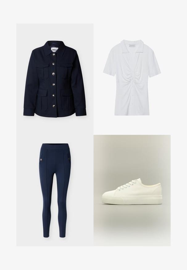 Veste pour femme bleu marine à manches longues, boutons argentés sur le devant, quatre poches à rabat et col pointu.; Blouse blanche à manches courtes avec col, présentant un détail de nœud tordu à l'avant et une patte de boutonnage. Texture lisse et côtelée.; Leggings bleu marine en tissu extensible et lisse. Comprend deux poches avec des accents ronds, des coutures verticales et une taille haute.; Baskets basses blanches en toile avec lacets à l'avant et semelle épaisse en caoutchouc texturée sur fond neutre.