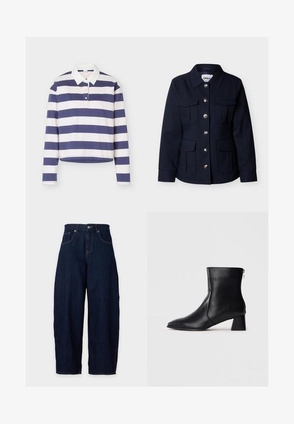 Veste pour femme bleu marine à manches longues, boutons argentés sur le devant, quatre poches à rabat et col pointu.; Maillot de rugby à manches longues avec rayures horizontales bleu marine et blanc et un col blanc, doté d’une patte à deux boutons.; Jean en denim bleu foncé à jambes larges, fermeture avant par bouton et zip, passants de ceinture et poches avant sur fond clair.; Bottine en cuir noir avec un bout pointu, un talon bloc de hauteur moyenne et une fermeture éclair sur le côté. Texture lisse et design minimaliste.