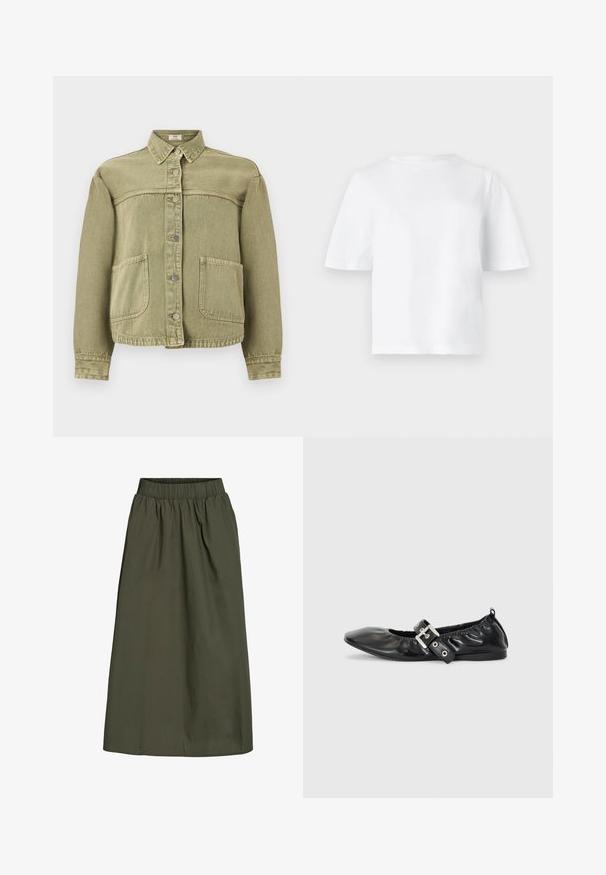 Lys olivengrøn denimjakke med lange ærmer, trykknaplukning foran, to store forlommer og en spids krave.; Enkelt hvid T-shirt med korte ærmer og rund halsudskæring, vist fladt mod en lysegrå baggrund.; Olivengrøn, ankel-længde nederdel med samlet elastisk talje og en glat, let krøllet stoftekstur.; Sorte læder flade sko med spids tå, samling detaljer omkring åbningen, og en sølv spænde accent på den justerbare rem.