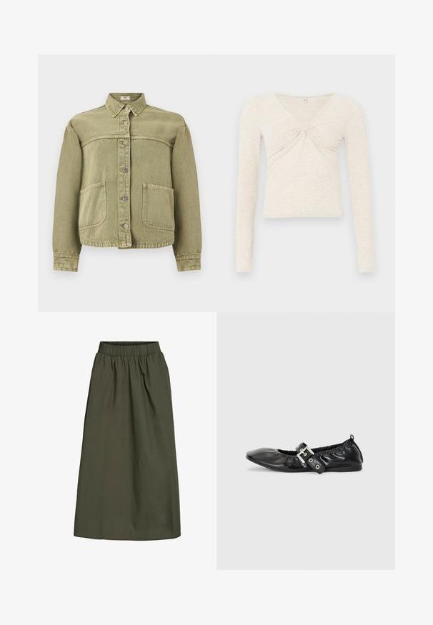 Lys olivengrøn denimjakke med lange ærmer, trykknaplukning foran, to store forlommer og en spids krave.; Creme langærmet top lavet af blødt, tekstureret stof. Har en V-udskæring og en twist-detalje i midten. Forkortet design.; Olivengrøn, ankel-længde nederdel med samlet elastisk talje og en glat, let krøllet stoftekstur.; Sorte læder flade sko med spids tå, samling detaljer omkring åbningen, og en sølv spænde accent på den justerbare rem.