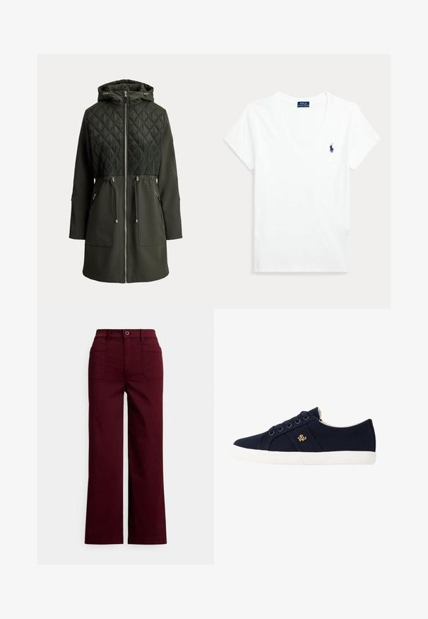 Mørkegrøn lang jakke med quiltet øvre front, hætte med snøre, frontlynlås og to store lynlåslommer med justerbare taljebånd.; Hvid kortærmet V-hals t-shirt med lille mørkeblå Polo Ralph Lauren-logo på venstre bryst.; Vinrøde bukser med vide ben lavet af bomuld. Har høj talje, lukkes med knapper foran og har to baglommer. Glat tekstur.; Lauren Ralph Lauren JANSON II CANVAS SNEAKER - Sneakers - navy