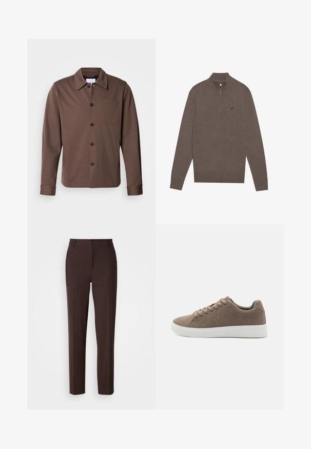 Lindbergh SUPERFLEX OVERSHIRT - Lichte jas - khaki; Bruine gebreide pullover trui met een hoge kraag en halve rits. Heeft ribgebreide manchetten en onderkant, en een klein logo op de borst.; Bruine broeken met een recht model, voorzien van een enkele zijplooien, een knoopsluiting en een gladde stoftextuur.; Bruine suède sneakers met platte witte rubberen zolen, vetersluiting, ronde neus en een gladde textuur. Minimalistische stijl met subtiele stikdetails.