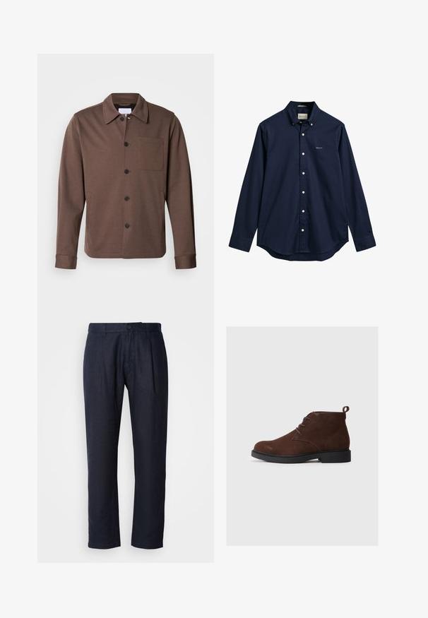 Lindbergh SUPERFLEX OVERSHIRT - Kevyt takki - khaki; Merenkan sininen pitkähihaisen napitettavan paidan valmistuksessa käytetty puuvillakankaa, jossa on klassinen kaulus, valkoiset napit ja pieni GANT-logo rinnassa.; Tumman laivastonsininen pellavahousut, joissa on etupleikit, vyötärö vyölenkeillä ja yksiknappikiinnitys.; Ruske utorci iz nubuka sa zaobljenim prstom, dizajnom s vezanjem i malim petama. Imaju petlju na zadnjoj strani za lakše obuvanje.