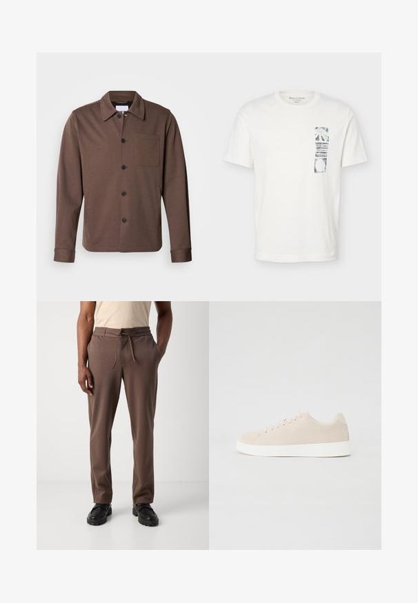 Lindbergh SUPERFLEX OVERSHIRT - Let jakke / Sommerjakker - khaki; Hvid T-shirt med korte ærmer, rund hals og sort abstrakt rektangulært motiv på venstre brystområde.; Mand iført brune snørebukser og sorte sko, stående mod en ensfarvet hvid baggrund.; Beige ruskindsneakers med hvide gummisåler, rund tå og seks snøringshuller. Glat tekstur med minimalisk design.