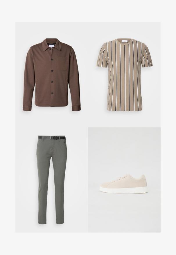 Lindbergh SUPERFLEX OVERSHIRT - Let jakke / Sommerjakker - khaki; Beige bomulds t-shirt med horisontale striber i mørkebrun og hvid, rund hals og korte ærmer. Blød tekstur og afslappet design.; Grå bomulds chinos med slim fit, der har et sort bælte, to sidelommer og et enkelt design. Blød tekstur uden synlige mønstre.; Beige ruskindsneakers med hvide gummisåler, rund tå og seks snøringshuller. Glat tekstur med minimalisk design.