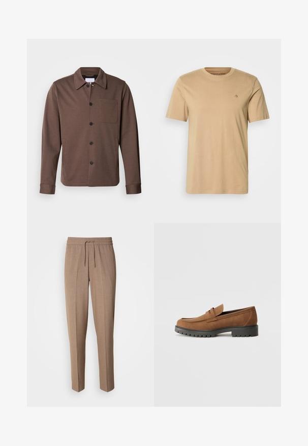 Lindbergh SUPERFLEX OVERSHIRT - Leichte Jacke - khaki; Beige Baumwoll-T-Shirt mit rundem Halsausschnitt, kurzen Ärmeln und kleinem gesticktem Logo auf der Brust. Glatte Textur und normale Passform.; Braune, gewebte Stoffhose mit lockerer Passform, Kordelzugbund und vorderen Falten. Gerade Beine und keine sichtbaren Taschen oder Befestigungen.; Braune Wildlederslipper mit runder Zehenpartie und einer niedrigen schwarzen Gummisohle, die über einen dekorativen Riemen und Nähte auf dem Obermaterial verfügt.