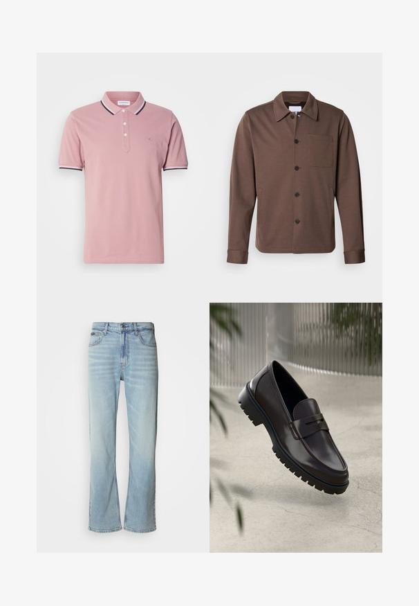 Lindbergh SUPERFLEX OVERSHIRT - Let jakke / Sommerjakker - khaki; Lyserød polo shirt med en to-knaps stolpe, ribbet krave med marineblå og hvide striber og et diskret logo broderet på brystet.; Lyseblå denimjeans med lige ben, der har fem lommer, knaplukning og en subtil falmning på stoffet.; Brune læder loafers med en tekstureret, rippet gummisål. Har et slankt design og et dekorativt bånd over vristen.