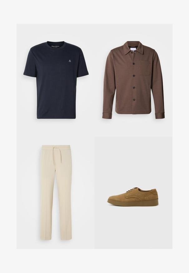 Lindbergh SUPERFLEX OVERSHIRT - Leichte Jacke - khaki; Navyblaues Baumwoll-T-Shirt mit kurzen Ärmeln, rundem Halsausschnitt und kleinem gesticktem Logo auf der Brust. Glatte Textur, lässiges Design.; Beige, elastische Hosen mit einem Kordelzug. Sie haben gerade Beine und eine glatte Textur, geeignet für Freizeit oder Entspannung.; Brauner Wildleder-Schnürschuh für den Alltag mit flacher Gummisohle, von der Seite auf hellem, einfachem Hintergrund gesehen.