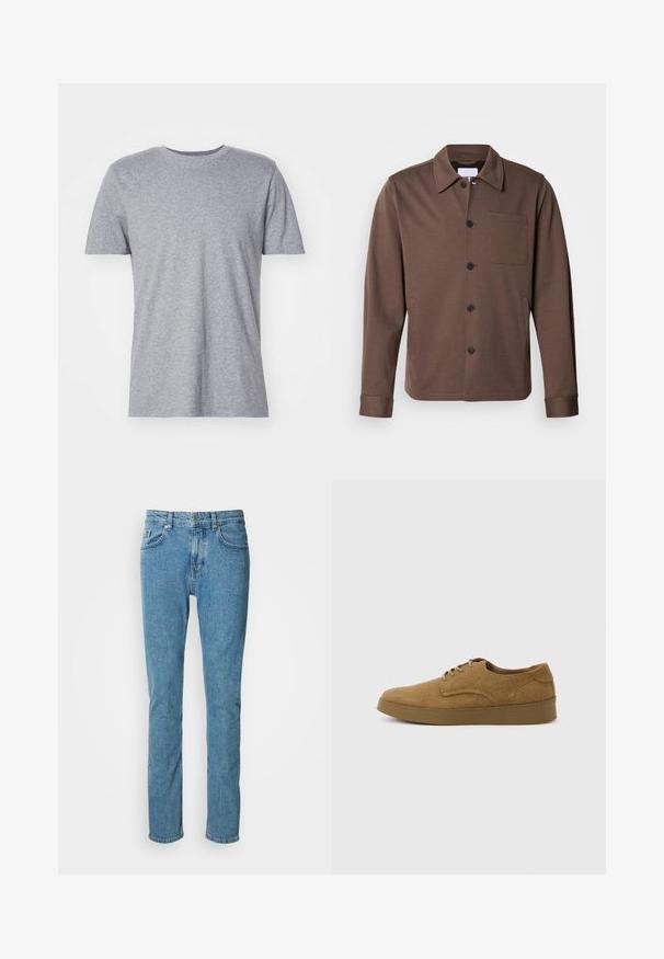 Lindbergh SUPERFLEX OVERSHIRT - Leichte Jacke - khaki; Graues, kurzärmliges T-Shirt aus einem Baumwollmischgewebe, das über einen klassischen Rundkragen verfügt und eine glatte, weiche Textur aufweist.; Hellblaue Jeans aus Denim mit geradem Bein, robustem Bund und Fünf-Taschen-Design. Weiche Textur mit leichter Verfärbung an den Oberschenkeln.; Brauner Wildleder-Schnürschuh für den Alltag mit flacher Gummisohle, von der Seite auf hellem, einfachem Hintergrund gesehen.