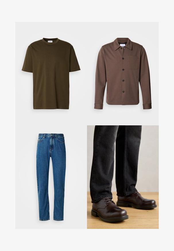 Lindbergh SUPERFLEX OVERSHIRT - Lichte jas - khaki; Effen olijfgroen T-shirt met korte mouwen en ronde hals, met een zichtbaar wit merketiket bij de hals, weergegeven op een witte achtergrond.; Blauwe rechte spijkerbroek met vijf zakken en een knoopsluiting aan de voorkant op een witte achtergrond.; Bruine leren schoenen met een ronde neus, vetersluiting en robuuste zwarte rubberen zool, gecombineerd met donkere spijkerbroek.