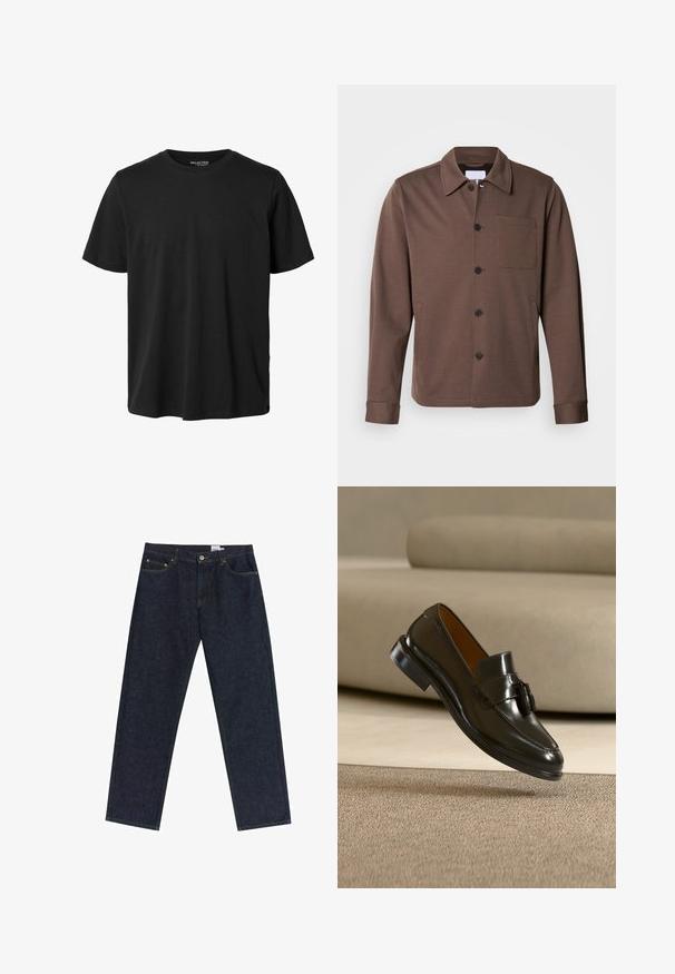 Lindbergh SUPERFLEX OVERSHIRT - Lichte jas - khaki; Effen zwarte T-shirt met korte mouwen, ronde hals en reguliere pasvorm zonder zichtbaar ontwerp of merk aan de voorkant.; Donkerblauwe denim jeans met een rechte pijpdesign, vijf-pocket stijl, koperen klinknagels en een label op de tailleband. Glad textuur.; Zwarte leren loafer met kwastje zwevend boven een beige tapijt met een beige bank op de achtergrond.