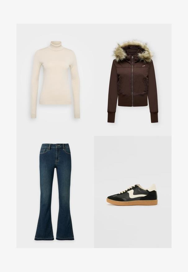 Brun lynlåsjakke med pelsforet hætte, to forlommer med knapper, ribstrikkede ærmegab og et lille logo på brystet.; Vero Moda Tall VMHAPPINESS ROLLNECK - Striktrøje - oatmeal; Mørkeblå høj talje jeans med vide ben, frontknapper og lynlås samt femlomme-design på en ensfarvet lys baggrund.; Sorte ruskinds- og lædersneakers med en cremefarvet side-swoosh og lys cremefarvet hæl. Har beige snørebånd og en gummirubber-sål.
